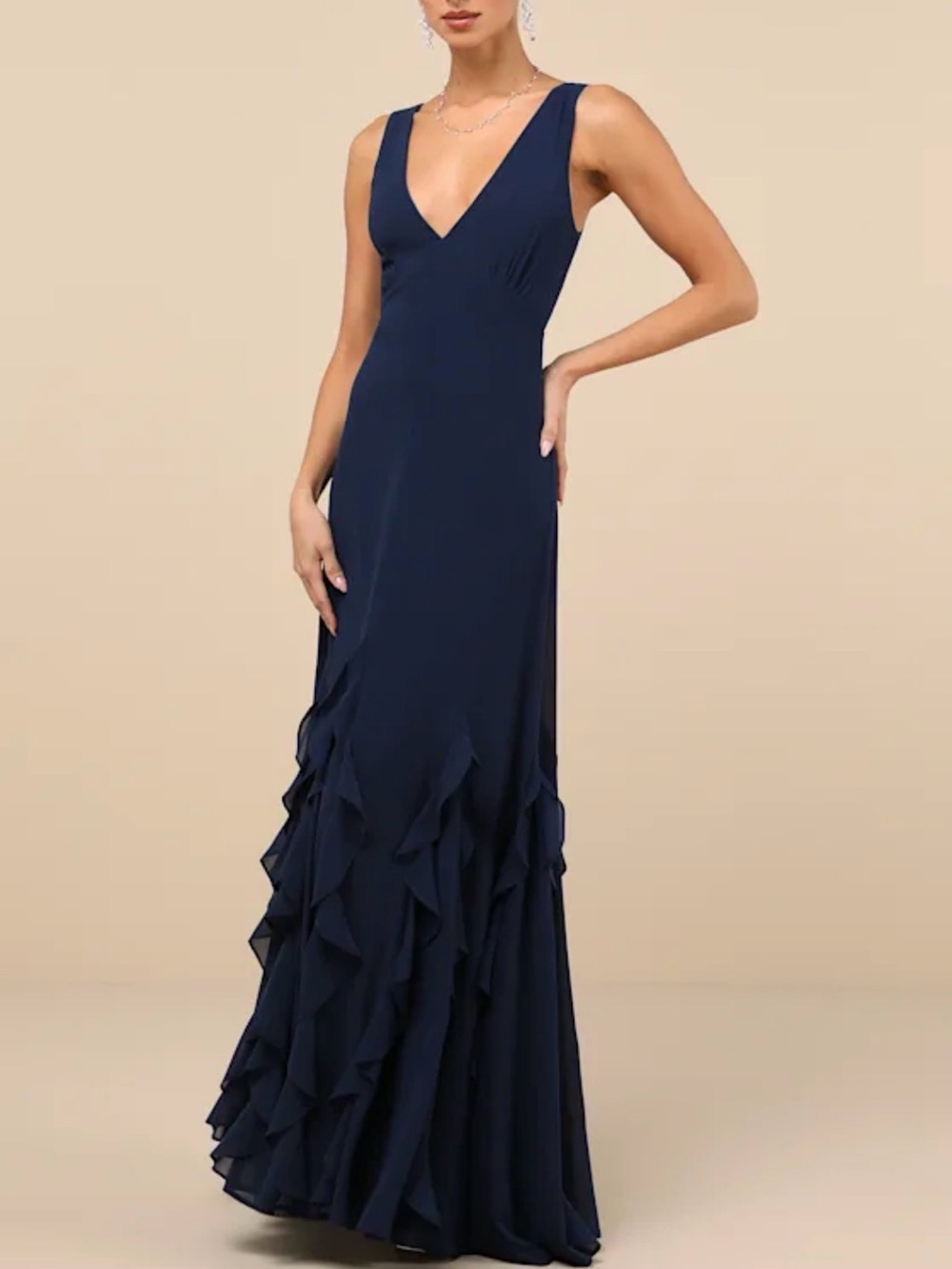 Lulu's Navy Strapless-Look V-Neck Ruffle Hem Maxi Dress